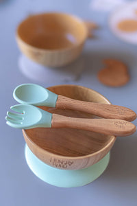 Beech bowl and cutlery set