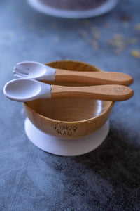 Beech bowl and cutlery set